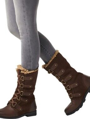 SOREL Size 6.5 Women's Emelie Lace-Up Mid-Calf Combat Boots Brown Gray